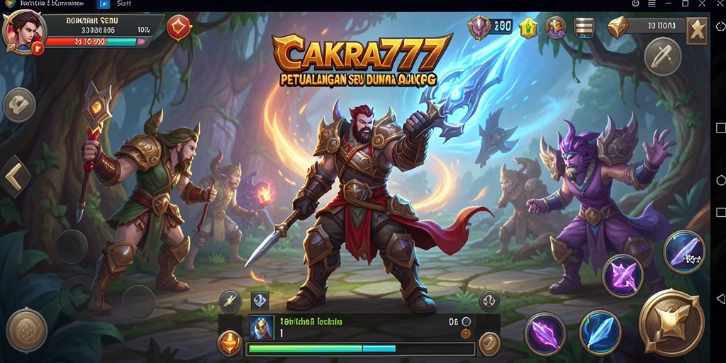 Screenshot gameplay CAKRA777 menunjukkan pertarungan seru di dunia fantasi.