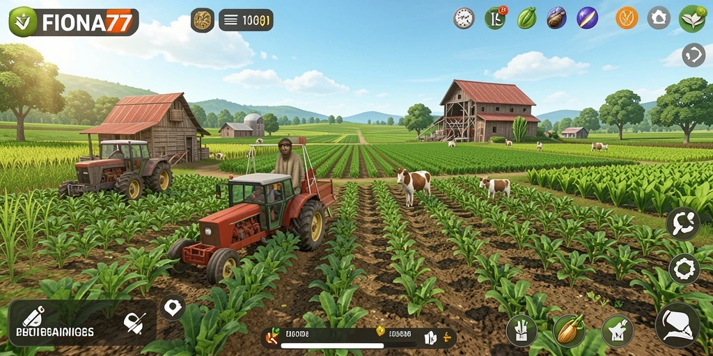 Tampilan gameplay seru dari FIONA77 dengan elemen pertanian.