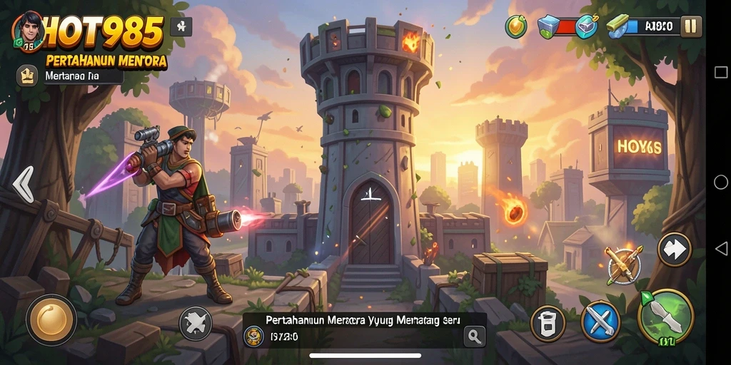 Screenshot utama HOT985 menunjukkan gameplay Tower Defense yang menarik dan strategis.