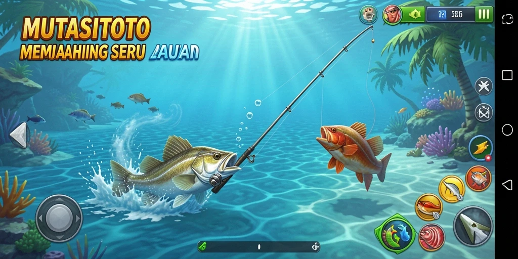 Screenshot gameplay seru MUTASITOTO dengan ikan yang berwarna-warni.