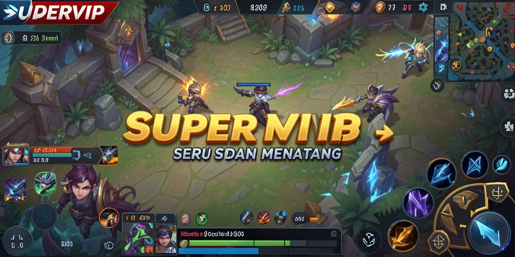 Screenshot gameplay SUPERVIP yang menampilkan pertarungan epik antar pahlawan.